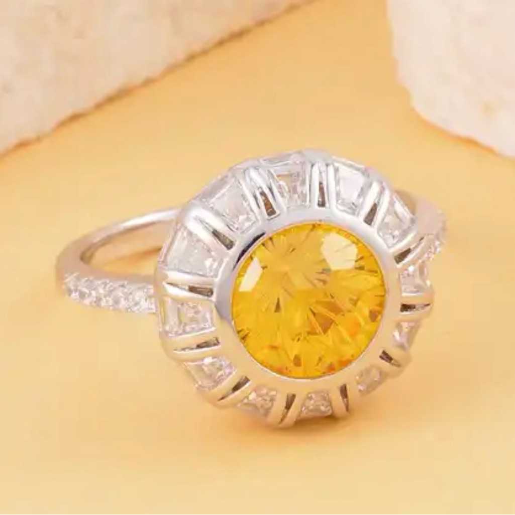 Lustro Stella Yellow And White Cz Halo Ring In Platinum Over Sterling Silver